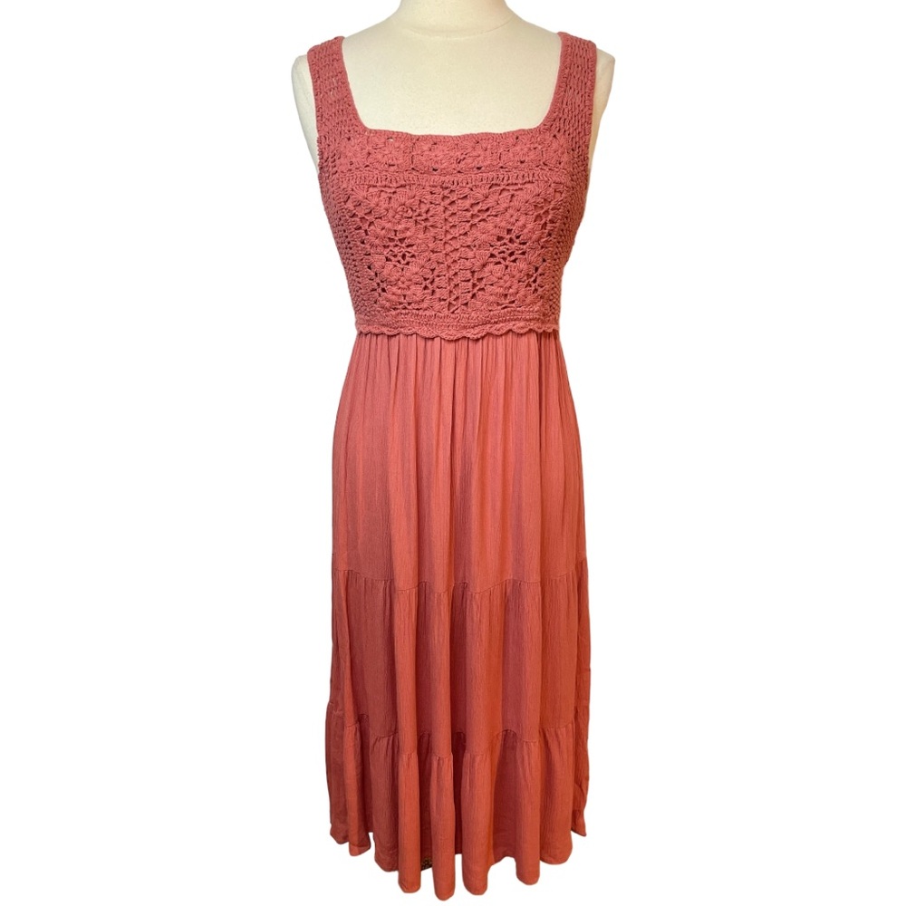 indulge Coral Crochet Bodice Midi Dress